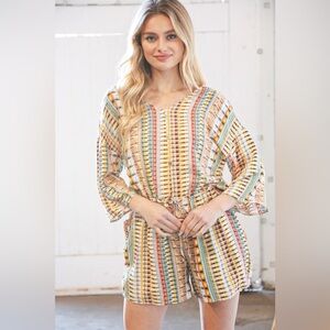 Taupe Rayon Challis Ethnic Back Keyhole Pocketed Romper